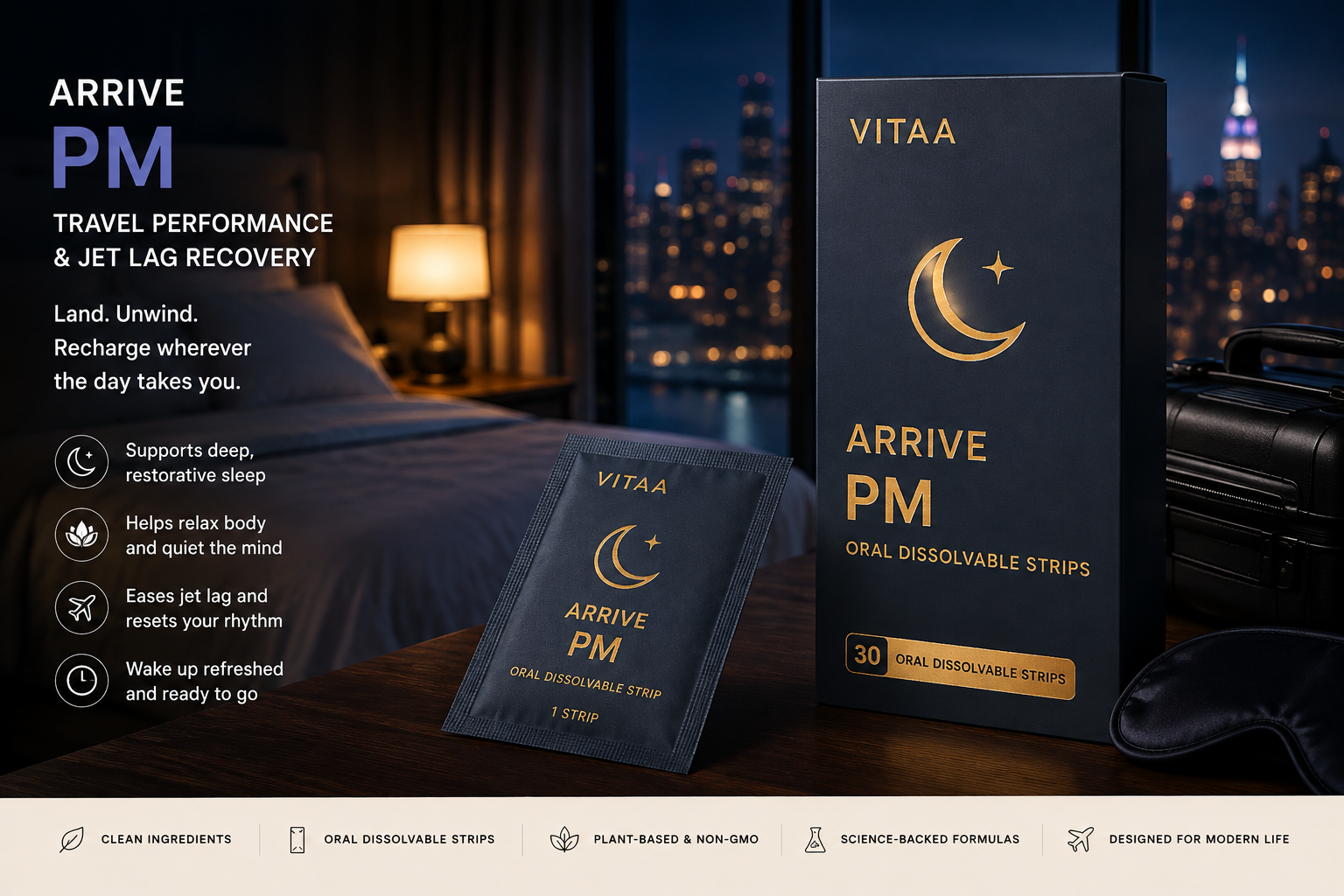 Arrive PM dissolvable strip box and sachet in slate blue-grey