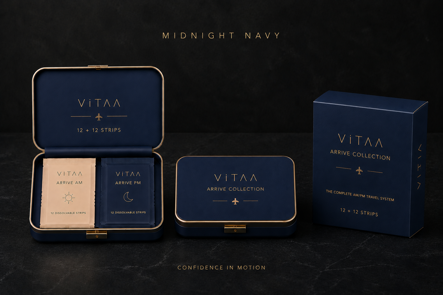 ARRIVE Collection Duo travel strip set in the Midnight Navy signature finish