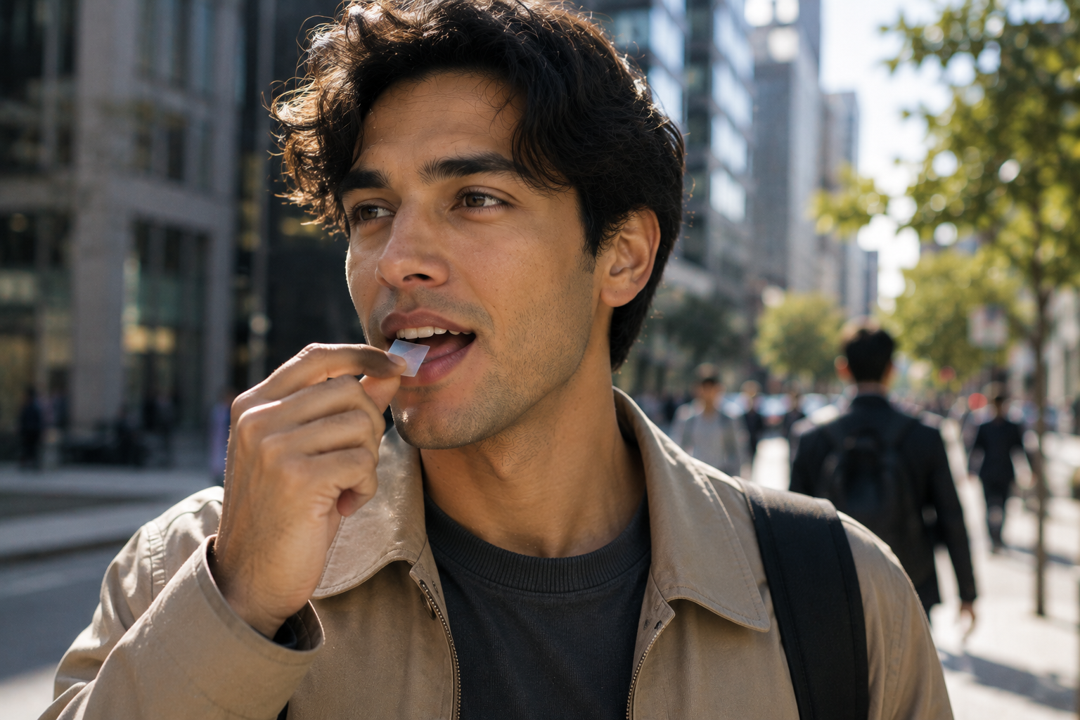 A man on a city street placing a VITAA oral dissolvable strip on his tongue