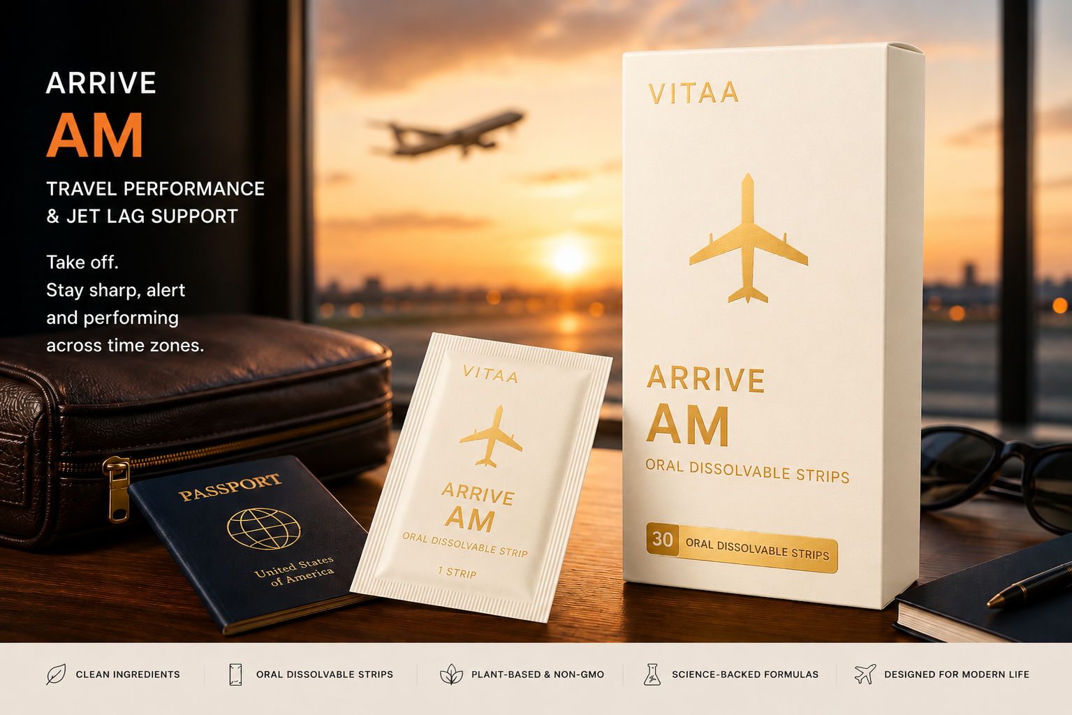 Arrive AM dissolvable strip box and sachet in ivory