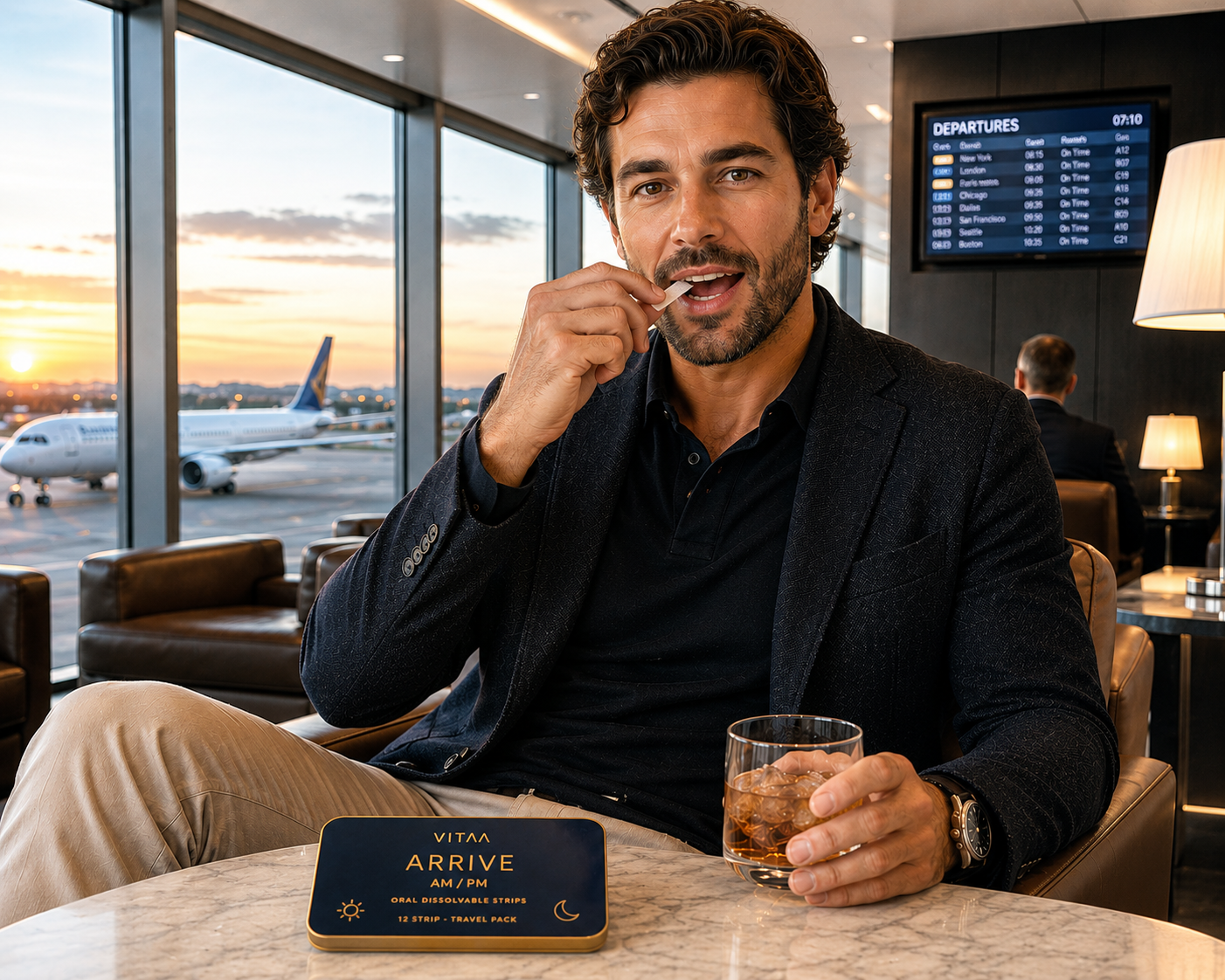 VITAA founder and frequent traveler relaxing in an airport lounge with the ARRIVE AM + PM travel recovery system